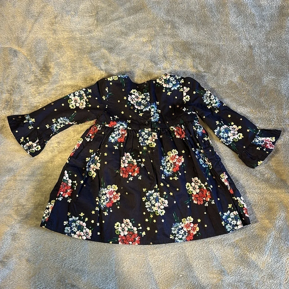 NWT Dark Blue Baby Gap dress flowers with gold stars Size 6-12m